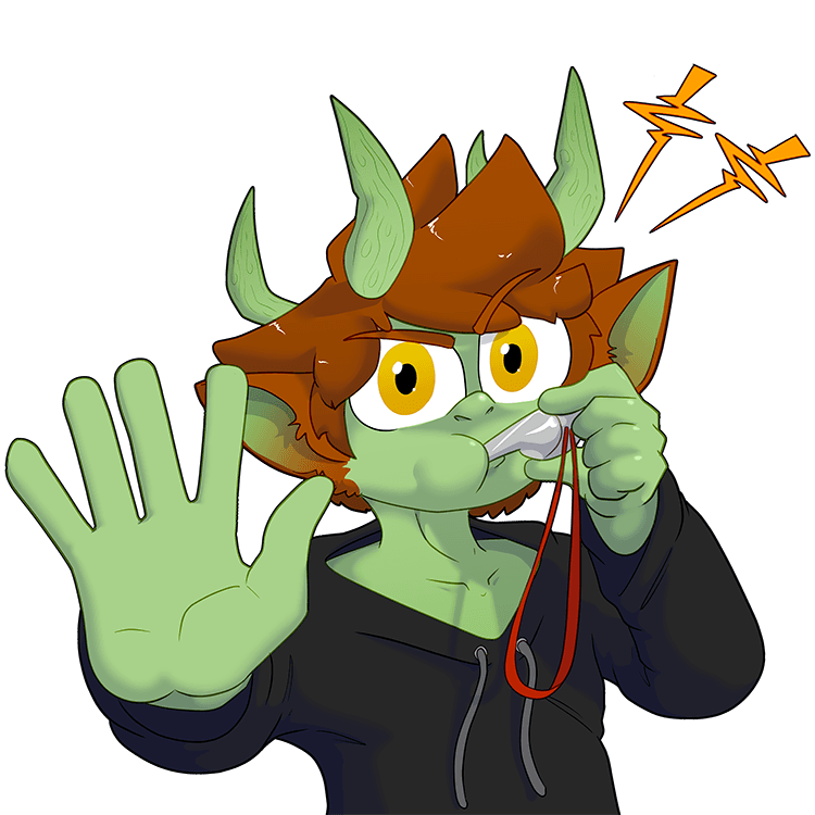 Bram (a cute nature satyr dude with lichen-colored skin, four matching horns, auburn hair, and elf ears) looks at the user and sternly wards away minors by blowing a whistle and extending his palm in a "STOP!" gesture.